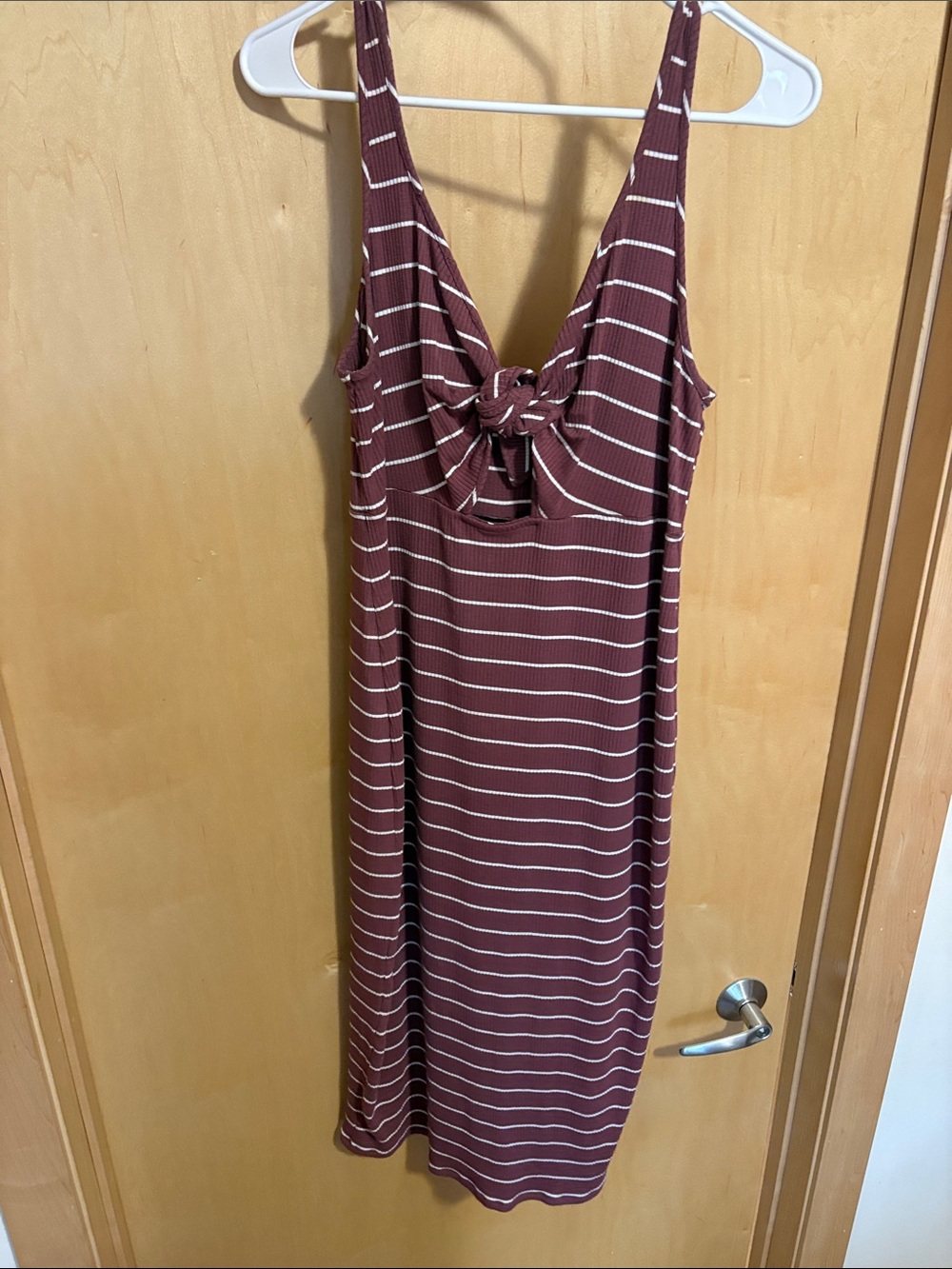 Express Burgundy and White Striped Midi Dress with Front Knot